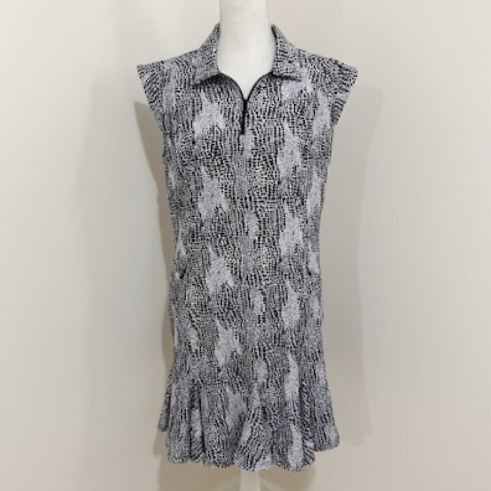 IBKUL Black & White Polo Golf Dress Cap Sleeves Godet Hem 1/4 Zip Size L